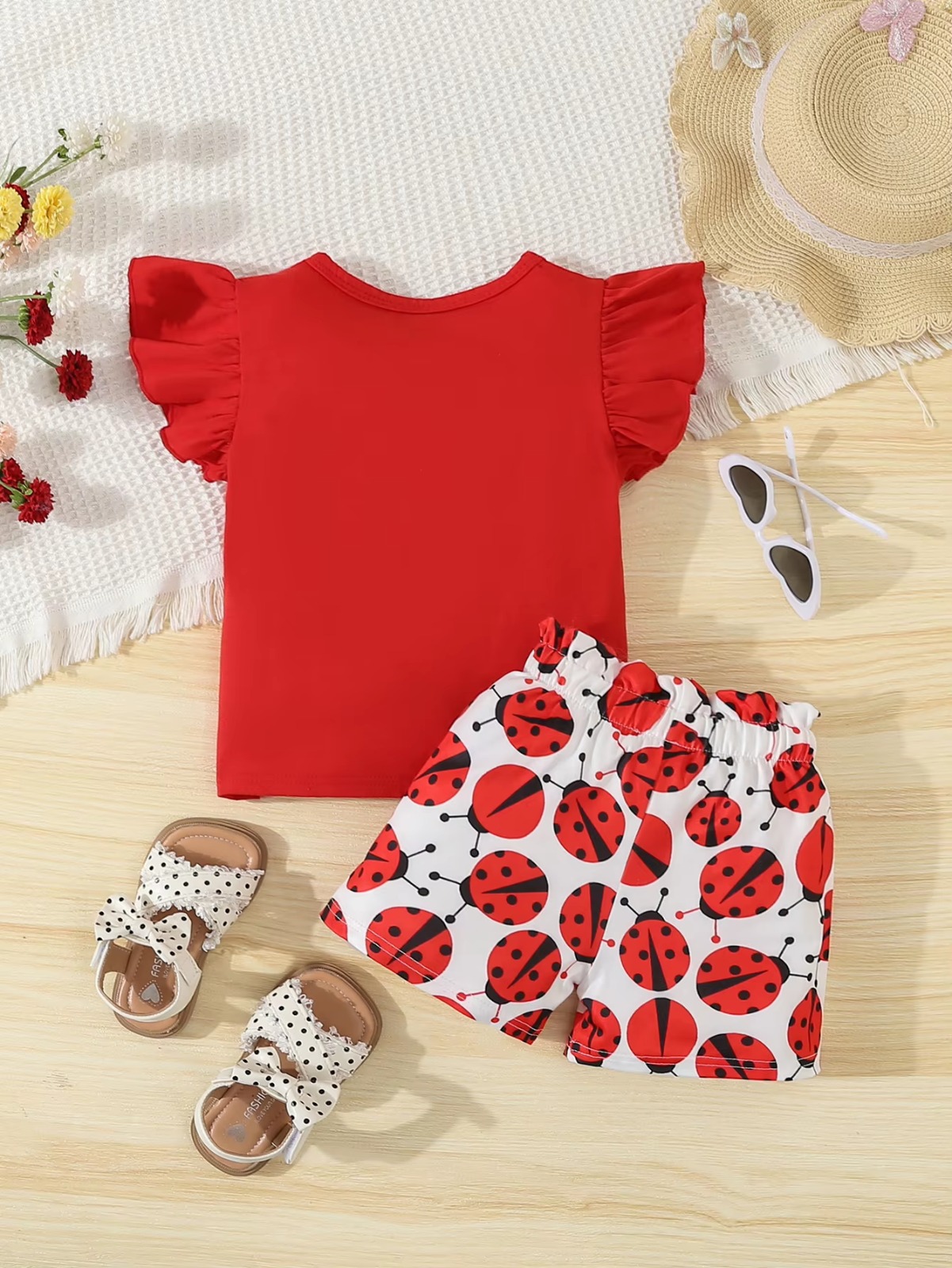 Adorable traje de mariquita de verano, conjunto de 2 uds para niñas, camiseta sin mangas + pantalones - Imagen 2