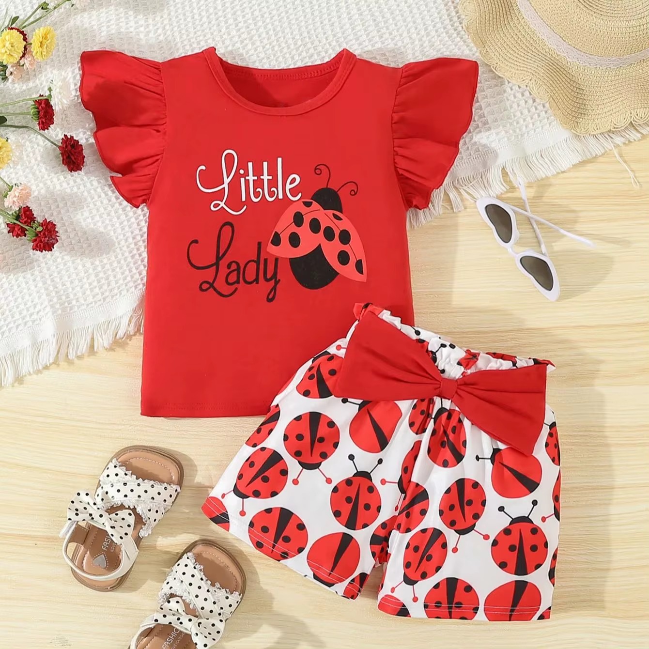 Adorable traje de mariquita de verano, conjunto de 2 uds para niñas, camiseta sin mangas + pantalones